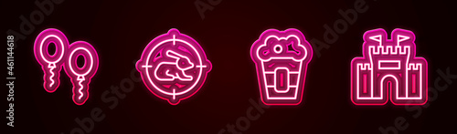Set line Balloons, Hunt rabbit with crosshairs, Popcorn in box and Castle. Glowing neon icon. Vector