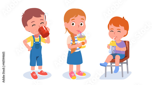 Thirsty kids with drinks. Children characters set