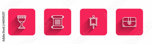 Set line Medieval goblet, Decree, parchment, scroll, flag and Antique treasure chest with long shadow. Red square button. Vector