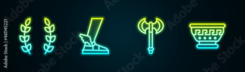 Set line Laurel wreath, Hermes sandal, Medieval axe and Greek ancient bowl. Glowing neon icon. Vector