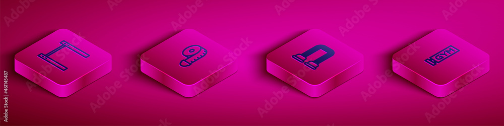 Set Isometric line Horizontal bar, Tape measure, Chest expander and Location gym icon. Vector Set Isometric line Horizontal bar, Tape measure, Chest expander and Location gym icon. Vector