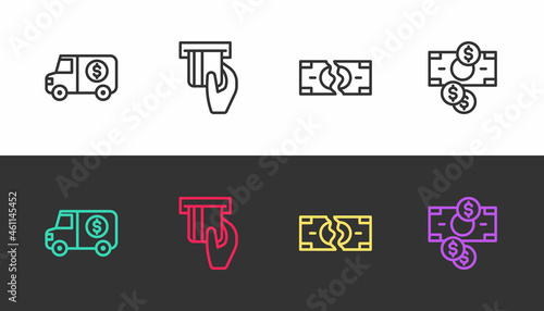 Set line Armored truck, Credit card inserted, Tearing money banknote and Stacks paper cash on black and white. Vector