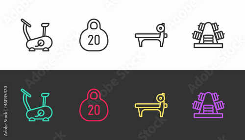 Set line Stationary bicycle, Kettlebell, Bench with barbel and Metal rack weights on black and white. Vector