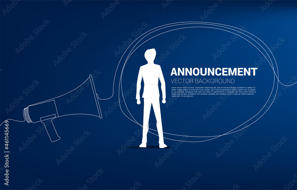 Silhouette businessman standing with Megaphone with talk bubble single line graphic style. Poster for announcement and communication template. Silhouette businessman standing with Megaphone with talk bubble single line graphic style. Poster for announcement and communication template.