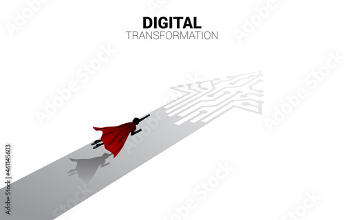 Silhouette of flying on the arrow dot connect circuit board style. concept of digital transformation of business.