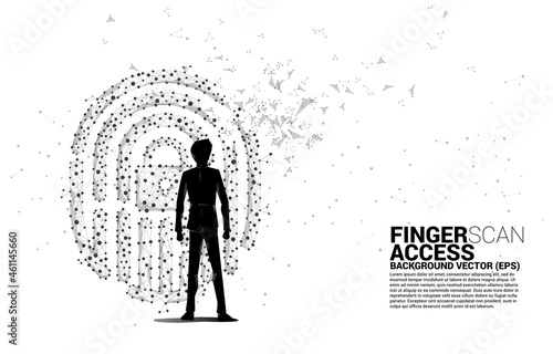 Silhouette businessman standing with thumbprint icon from dot connect line polygon. background concept for finger scan technology and privacy access. © Panithan