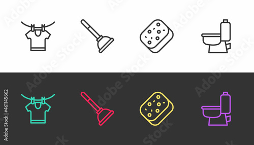 Set line Drying clothes, Rubber plunger, Sponge and Toilet bowl on black and white. Vector