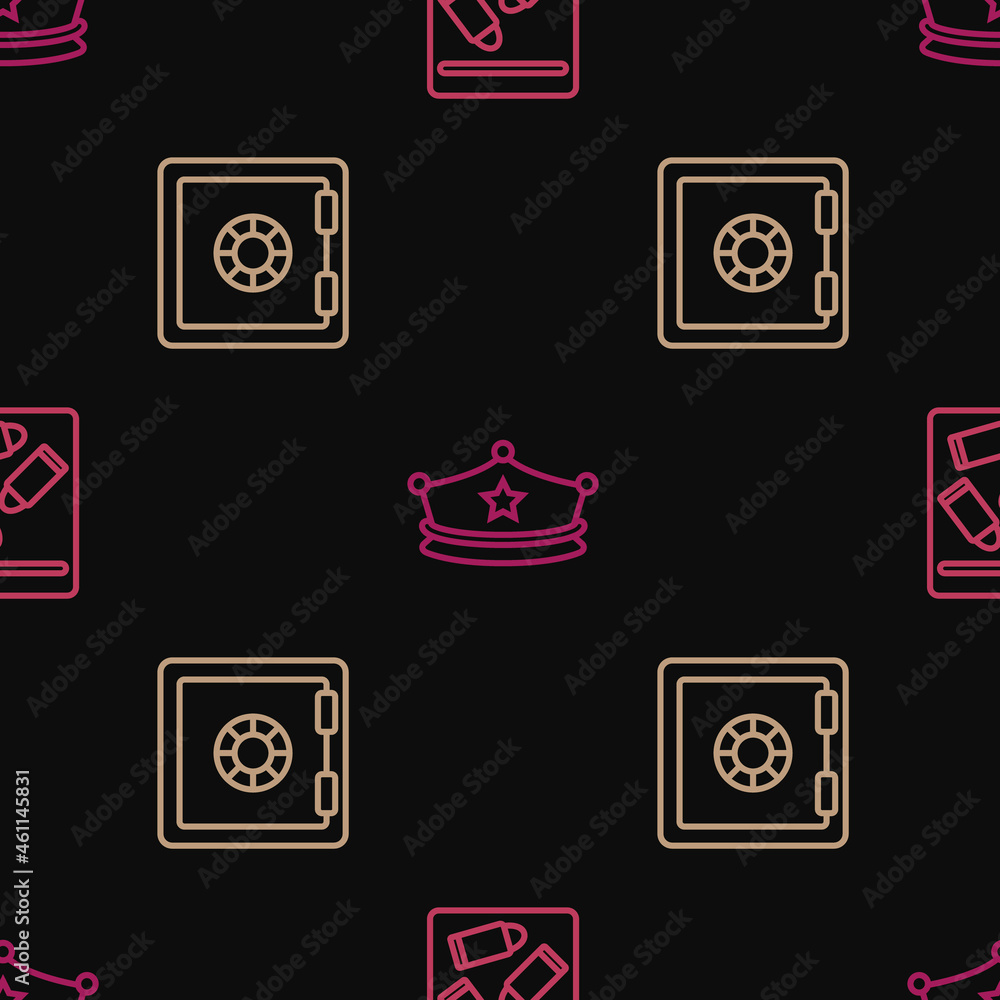 Set line Evidence bag and bullet, Safe and Police cap with cockade on seamless pattern. Vector Set line Evidence bag and bullet, Safe and Police cap with cockade on seamless pattern. Vector