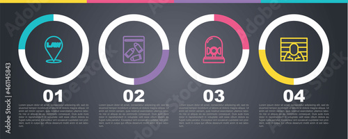 Set line Location law, Evidence bag and bullet, Flasher siren and Prisoner. Business infographic template. Vector