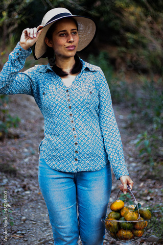 Latin woman, peasant. harvesting oranges. fruits of the field woman in the field. agricultural latina. fruit trees, field. in the path. happy. showing his harvest.