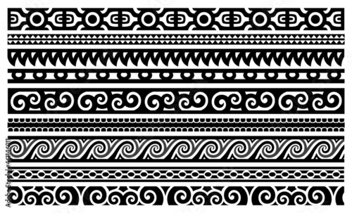 Polynesian decorative vector ornaments. Seamless border patterns inspired by Tahitian, Marquesan, and Maori art.