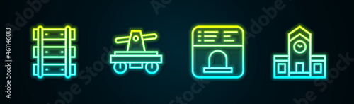 Set line Railway, railroad track, Draisine or handcar, Ticket office to buy tickets and station. Glowing neon icon. Vector