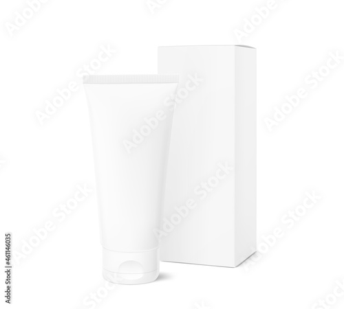 Blank plastic tube with cardboard box mockup. Front view. Vector illustration isolated on background. Can be use for your design, advertising, promo and etc. EPS10.	