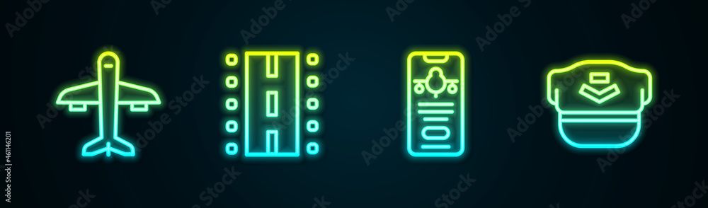 Set line Plane, Airport runway, Mobile with ticket and Pilot hat. Glowing neon icon. Vector
