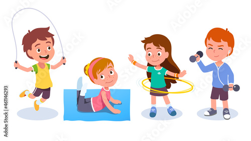 Fit boys, girls training, doing sport exercises