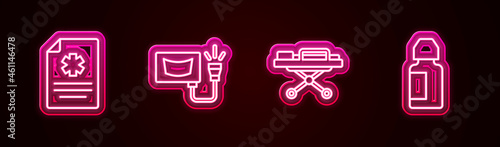 Set line Clinical record, Ultrasound, Stretcher and Eye drop bottle. Glowing neon icon. Vector