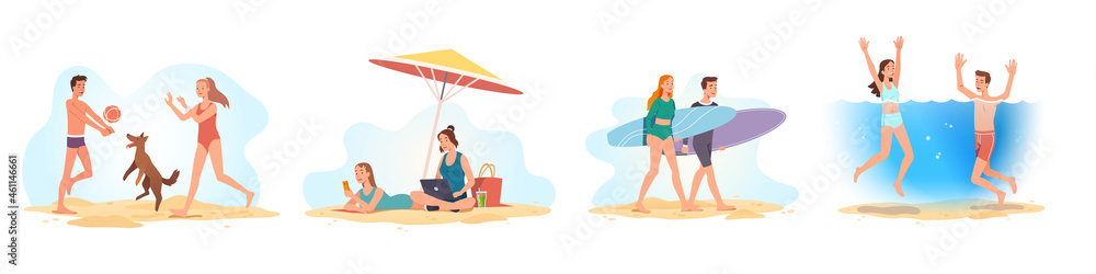Obraz premium Tourists on vacation having fun, relaxing on beach