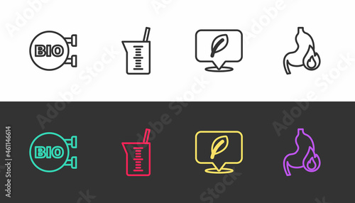 Set line Bio healthy food, Laboratory glassware or beaker, Location with leaf and Stomach heartburn on black and white. Vector