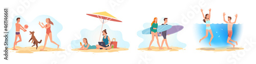 Tourists on vacation having fun, relaxing on beach