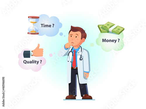 Doctor man contemplating, time, cost or quality 