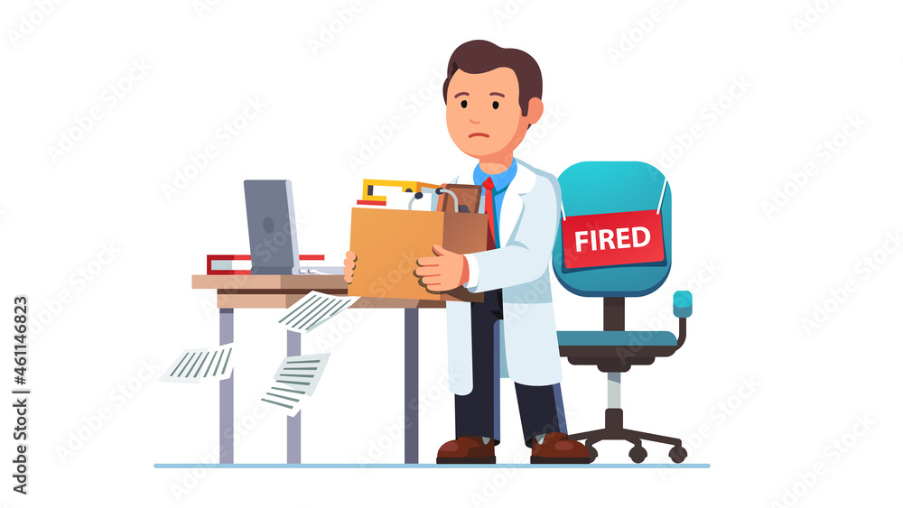 Just fired medical worker man holding box Just fired medical worker man holding box