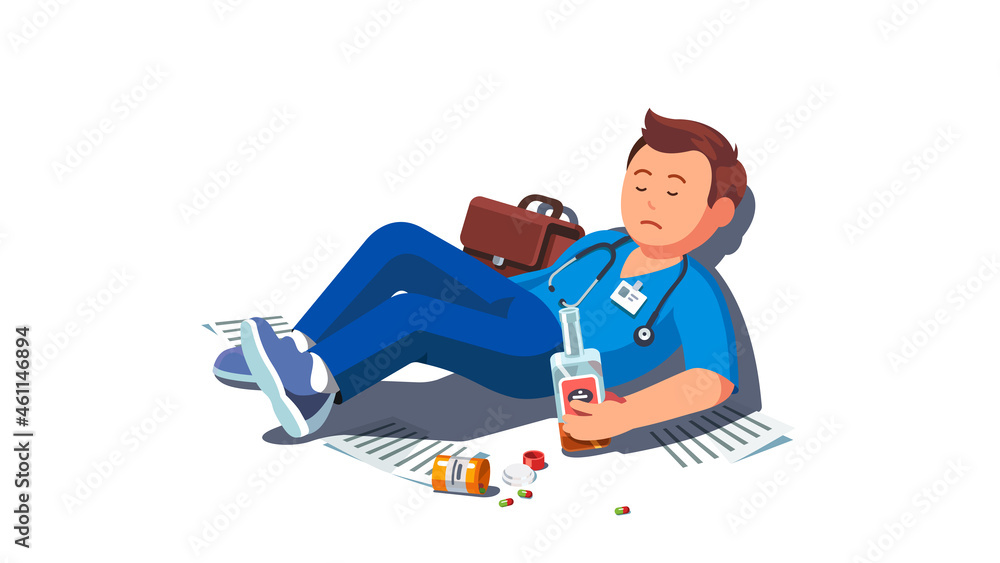 Drunk doctor lying on floor holding bottle