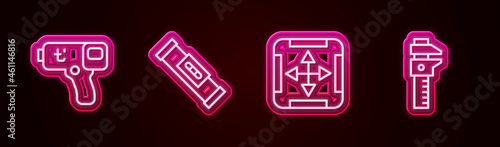 Set line Digital thermometer, Construction bubble level, Area measurement and Calliper or caliper and scale. Glowing neon icon. Vector