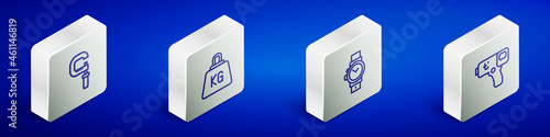 Set Isometric line Micrometer, Weight, Wrist watch and Digital thermometer icon. Vector