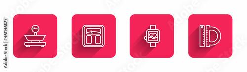 Set line Scales, Bathroom scales, Smart watch and Protractor and ruler with long shadow. Red square button. Vector