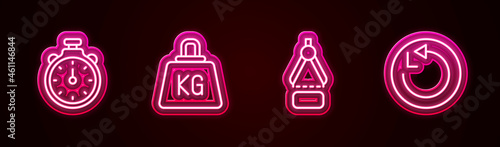 Set line Stopwatch, Weight, Drawing compass and Radius. Glowing neon icon. Vector