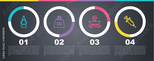 Set line Drawing compass, Weight, Scales and Syringe. Business infographic template. Vector