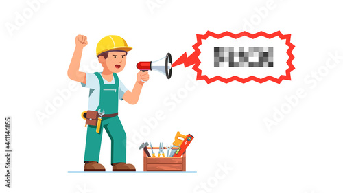 Worker builder man protester yelling with bullhorn