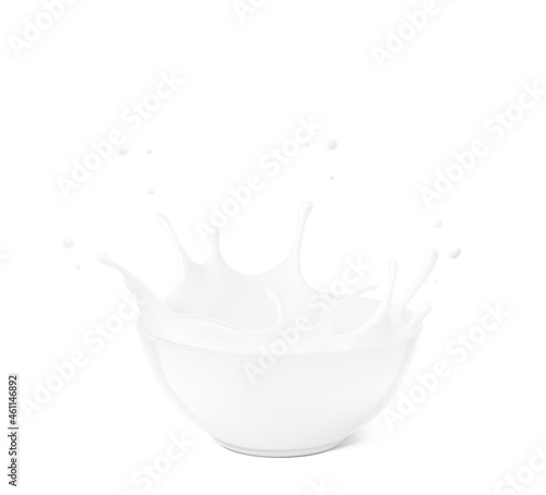 Bowl with milk splashes and drops isolated on white background. Vector illustration. Can be use for your design. EPS10.