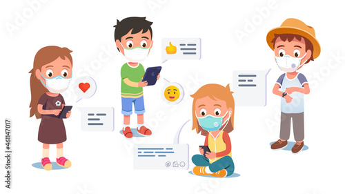 Boys girls kids in masks texting via tablet, phone