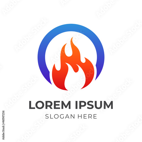 fire and circle logo design template concept vector with flat blue and orange color style