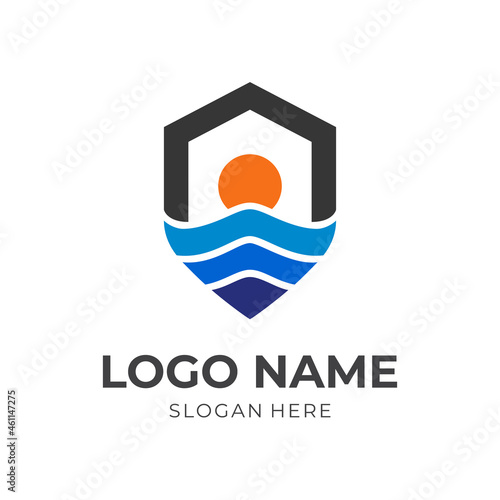 shield and wave logo design template concept vector with flat colorful style