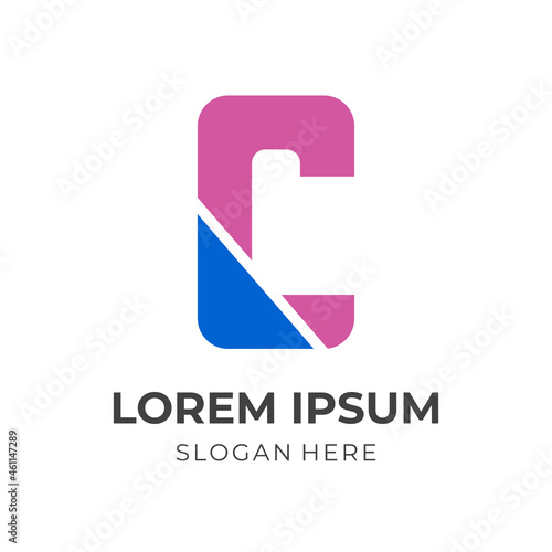 initial C logo template with flat blue and pink color style