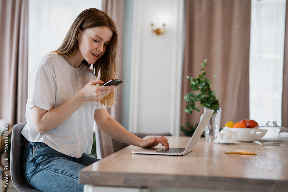 Student studying online for free at home on a laptop. Freelancer surf the internet. A blogger working in the labor market responds to clients. A woman makes a plan to record finances.