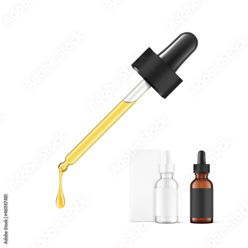 Pipette mockup for dropper bottle  isolated on white background. Vector illustration. Front view. Сan be used for cosmetic, medical and other needs. EPS10.