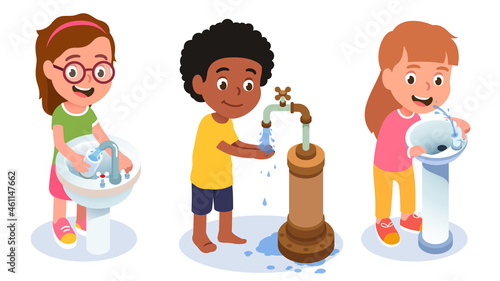 Girls pouring water, drinking, boy washing hands