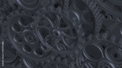 Mechanism black metallic gears and cogs at work on blue plate under spot light background. Industrial machinery. 3D illustration. 3D high quality rendering. 3D CG.