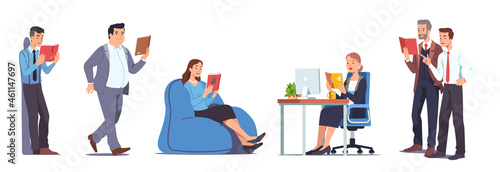 Business men, women reading books in office set