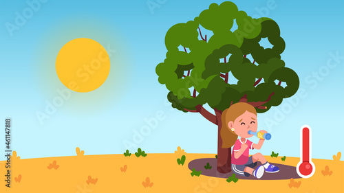 Kid sitting under tree drinking water on sunny day