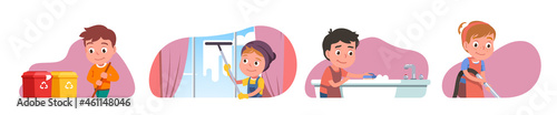 Girls, boys kids enjoying housekeeping set