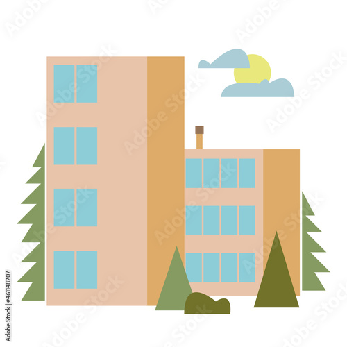 A multi-storey residential building in a green color against a background of woods. Vector illustration of architecture in cartoon flat style. Isolated funny clipart on a white background. Cute print