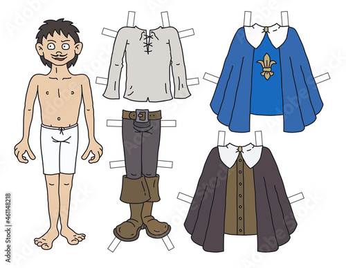 The paper doll funny royal musketeer with cutout clothes