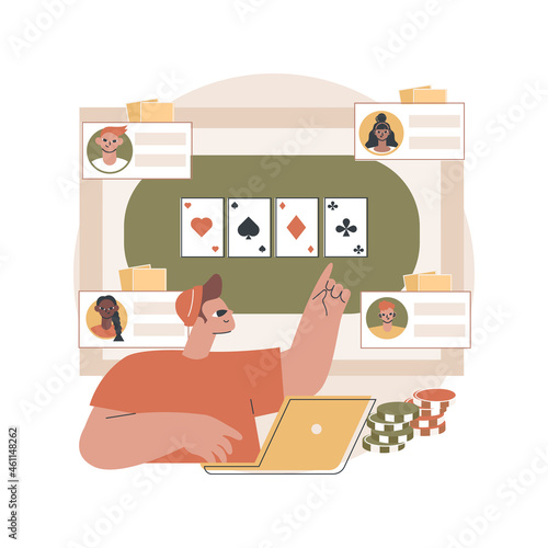 Online poker abstract concept vector illustration. Digital poker, internet gambling club, online casino rooms, real money play, professional gambler, international tournament abstract metaphor.