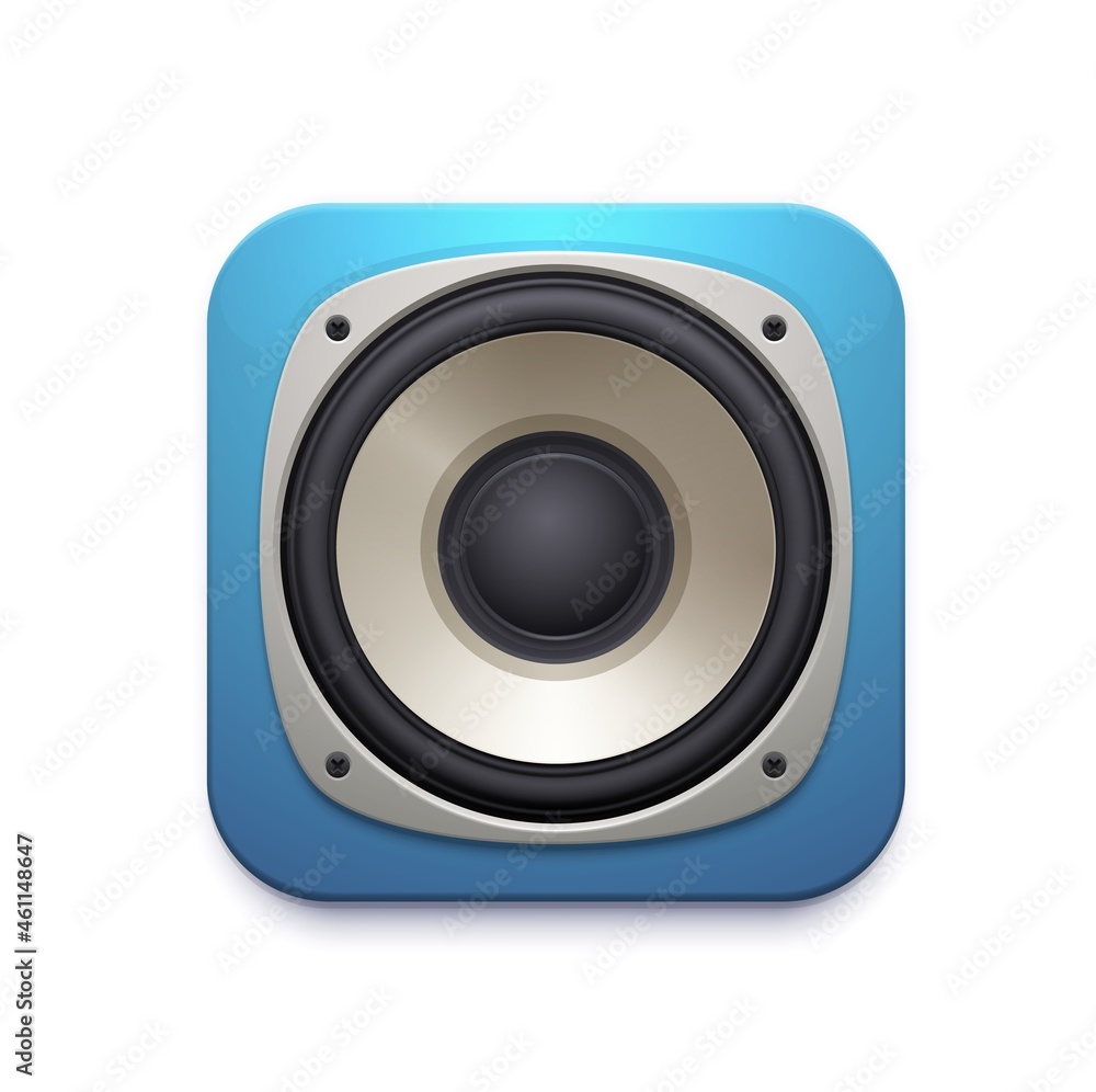 Sound speaker icon of audio music stereo system. Vector square button of musical mobile application or app, 3d blue dynamic of loudspeaker subwoofer isolated symbol, entertainment technology design Sound speaker icon of audio music stereo system. Vector square button of musical mobile application or app, 3d blue dynamic of loudspeaker subwoofer isolated symbol, entertainment technology design