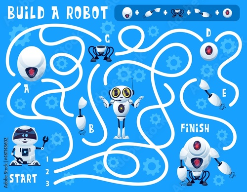 Kids game build a robot maze with cartoon artificial intelligence bots and spare parts. Vector education puzzle, find right way game or riddle on background with gears and androids