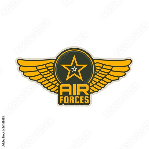 Air forces patch vector icon of wings, shield and star. Military aircraft wings isolated heraldic badge of army or navy aviation division, squadron, flight or group, armed service heraldry